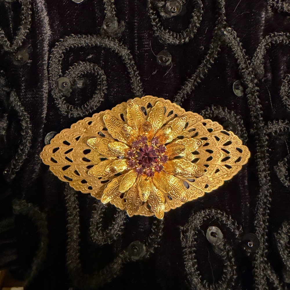 OOAK Gold Floral Filigree Brooch with Purple Crystal Center
